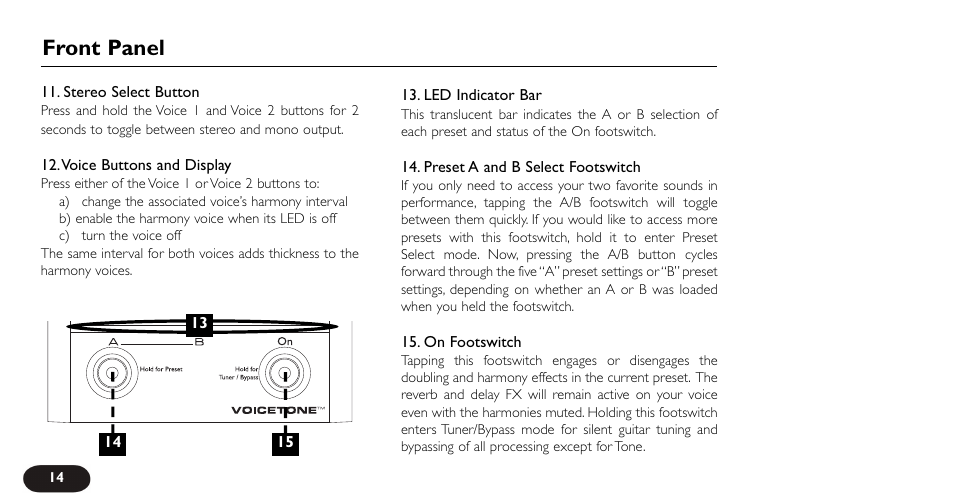 Front panel | TC-Helicon VoiceTone Harmony-G XT Manual User Manual | Page 14 / 30