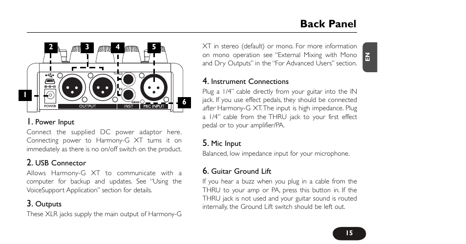 Back panel | TC-Helicon VoiceTone Harmony-G XT Manual User Manual | Page 15 / 30