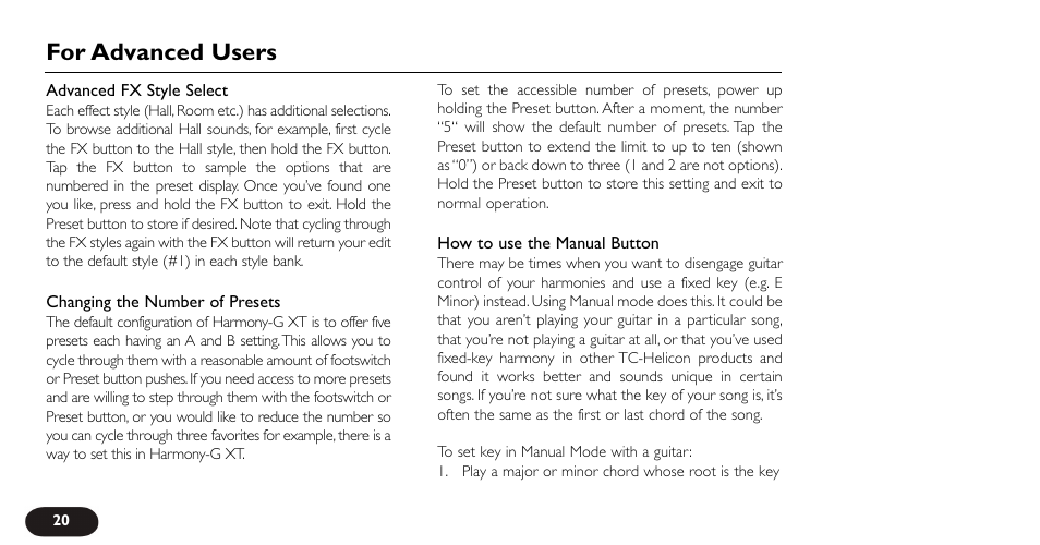 For advanced users | TC-Helicon VoiceTone Harmony-G XT Manual User Manual | Page 20 / 30