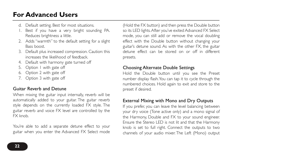For advanced users | TC-Helicon VoiceTone Harmony-G XT Manual User Manual | Page 22 / 30