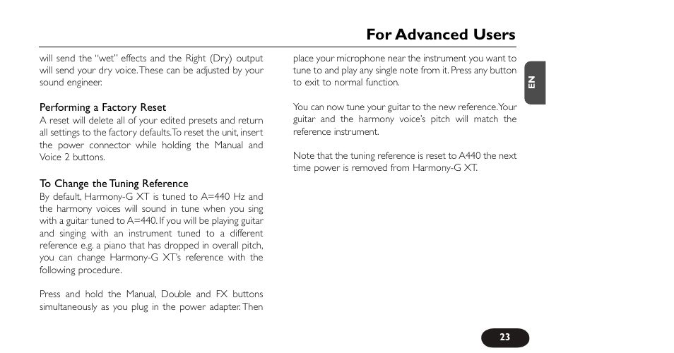 For advanced users | TC-Helicon VoiceTone Harmony-G XT Manual User Manual | Page 23 / 30