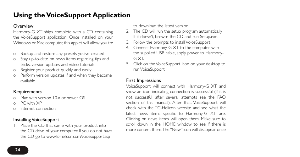 Using the voicesupport application | TC-Helicon VoiceTone Harmony-G XT Manual User Manual | Page 24 / 30