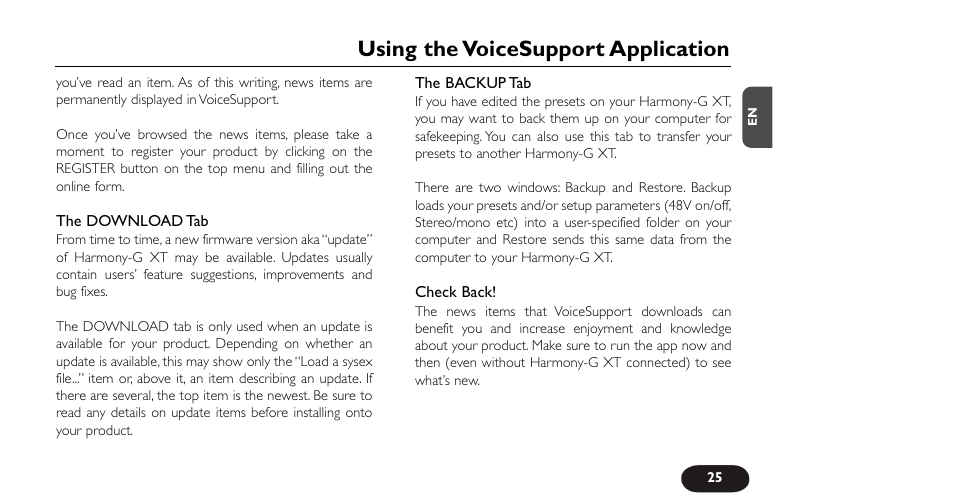 Using the voicesupport application | TC-Helicon VoiceTone Harmony-G XT Manual User Manual | Page 25 / 30
