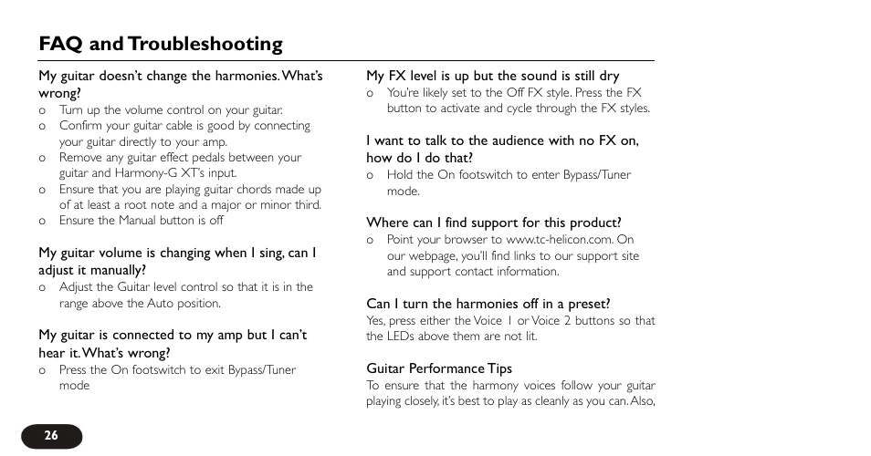 Faq and troubleshooting | TC-Helicon VoiceTone Harmony-G XT Manual User Manual | Page 26 / 30