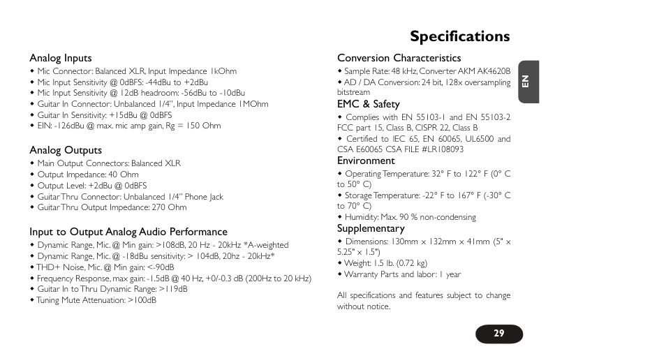 Specifications | TC-Helicon VoiceTone Harmony-G XT Manual User Manual | Page 29 / 30