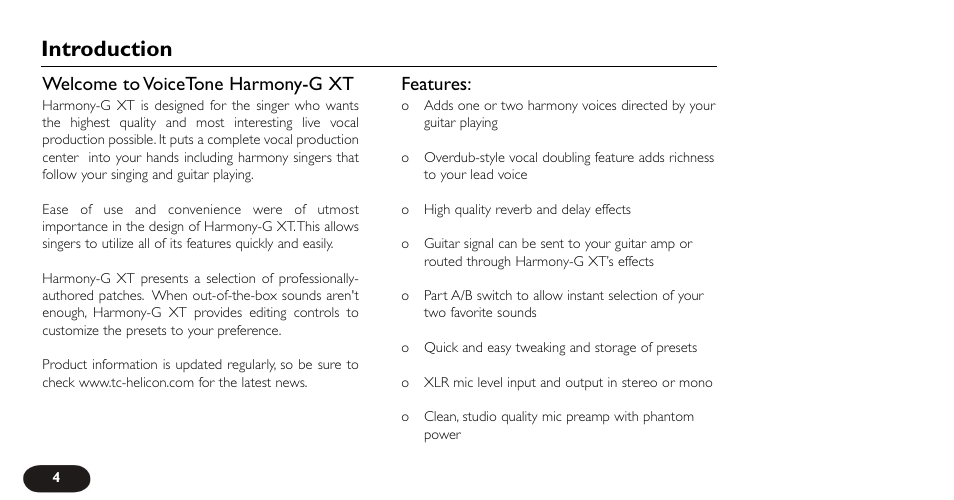 Introduction, Welcome to voicetone harmony-g xt, Features | TC-Helicon VoiceTone Harmony-G XT Manual User Manual | Page 4 / 30