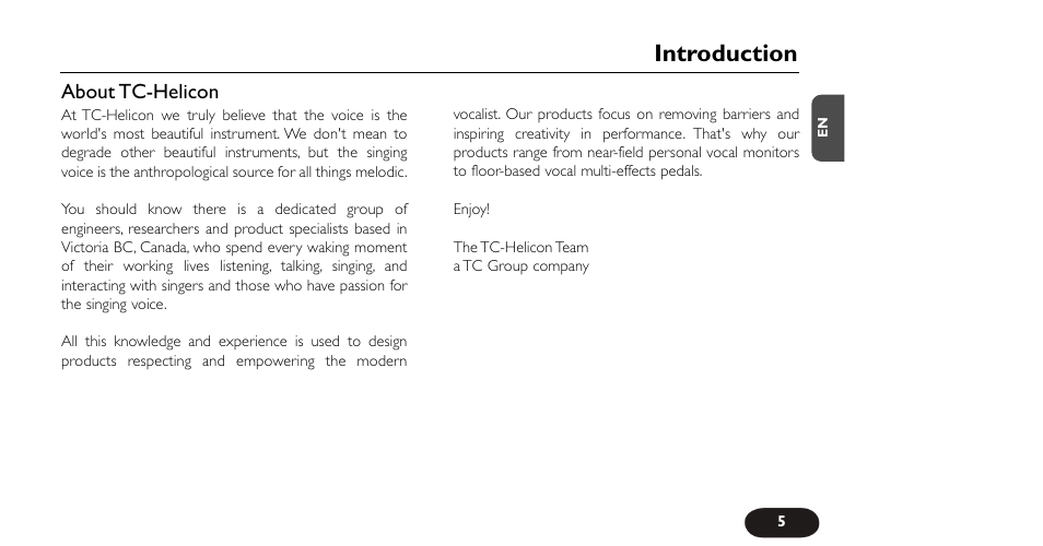 Introduction, About tc-helicon | TC-Helicon VoiceTone Harmony-G XT Manual User Manual | Page 5 / 30