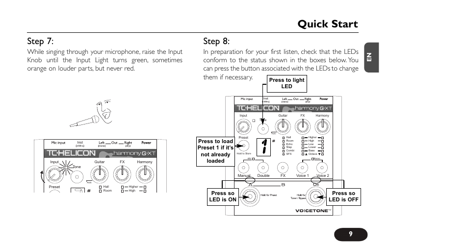 Quick start, Step 7, Step 8 | TC-Helicon VoiceTone Harmony-G XT Manual User Manual | Page 9 / 30