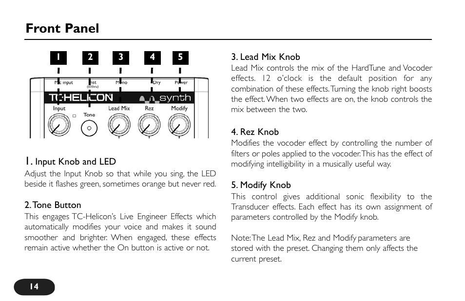 Front panel | TC-Helicon VoiceTone Synth Manual User Manual | Page 14 / 31