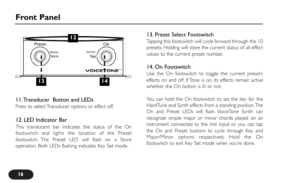 Front panel | TC-Helicon VoiceTone Synth Manual User Manual | Page 16 / 31