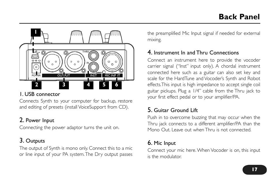 Back panel | TC-Helicon VoiceTone Synth Manual User Manual | Page 17 / 31