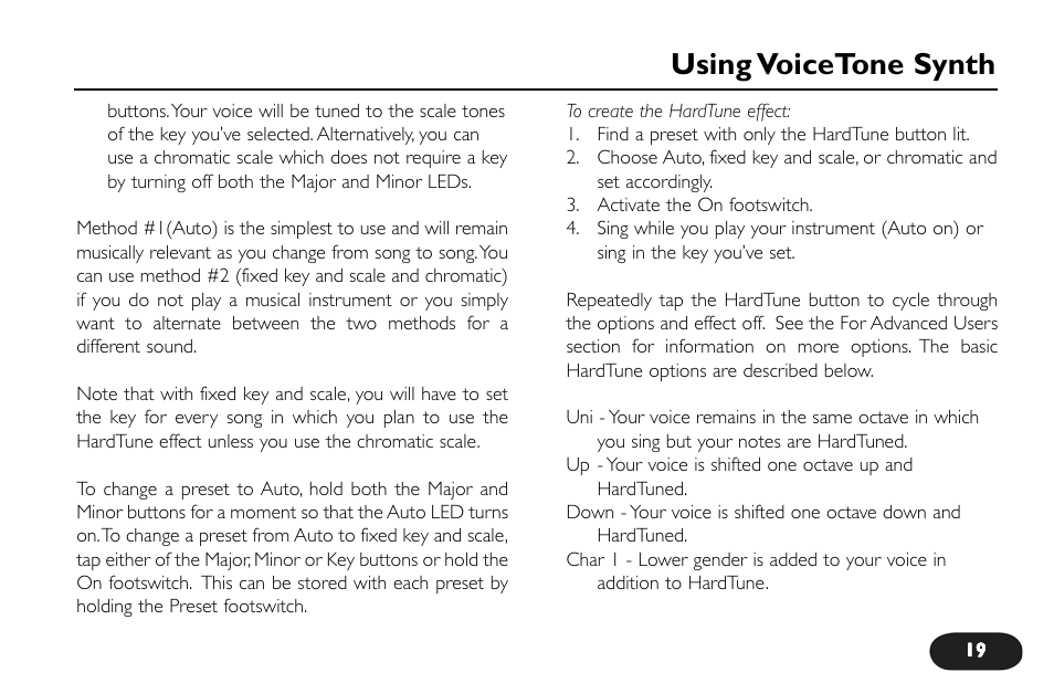 Using voicetone synth | TC-Helicon VoiceTone Synth Manual User Manual | Page 19 / 31