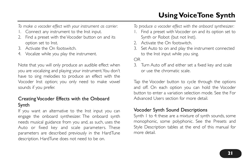 Using voicetone synth | TC-Helicon VoiceTone Synth Manual User Manual | Page 21 / 31