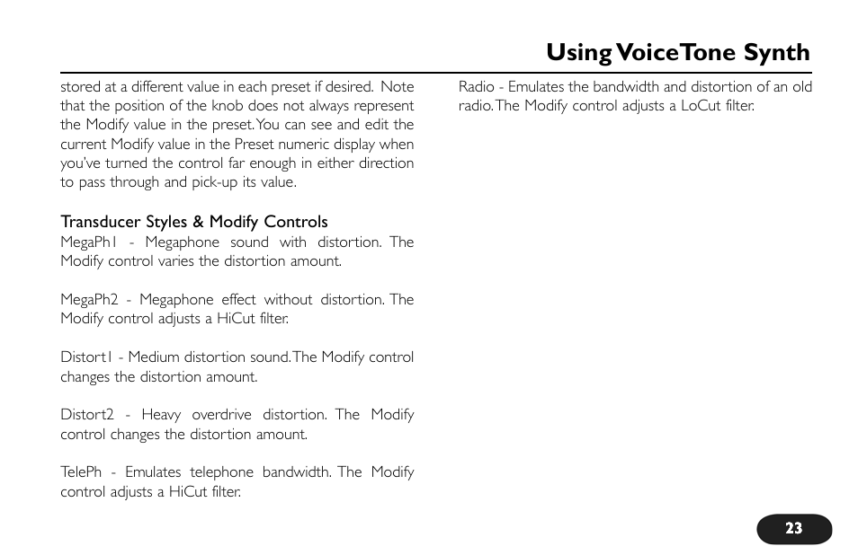 Using voicetone synth | TC-Helicon VoiceTone Synth Manual User Manual | Page 23 / 31