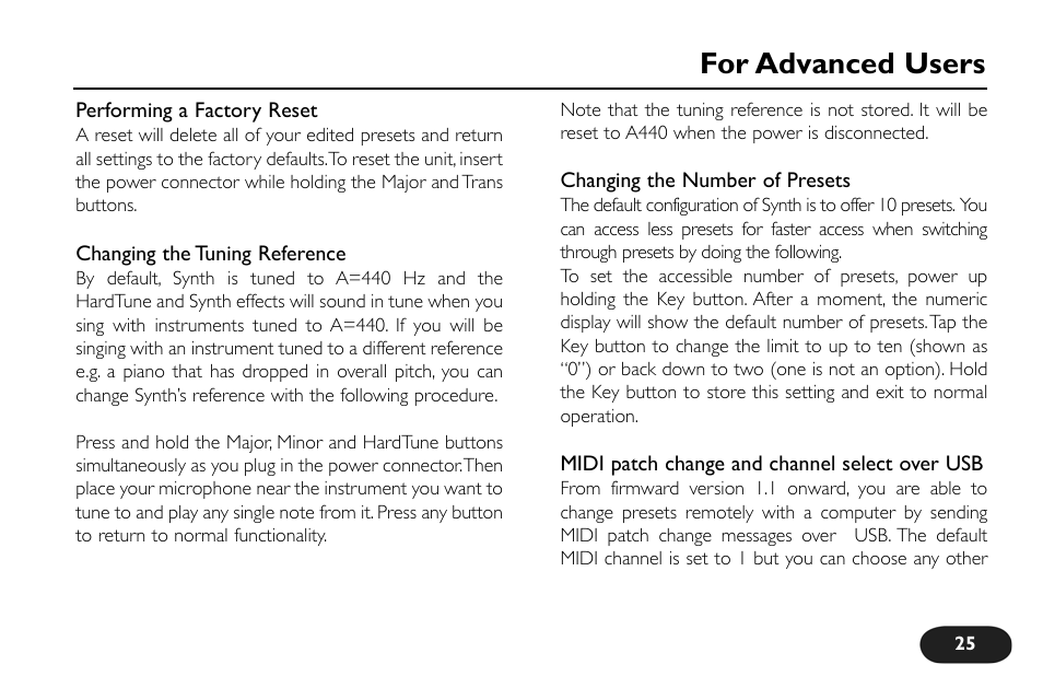 For advanced users | TC-Helicon VoiceTone Synth Manual User Manual | Page 25 / 31