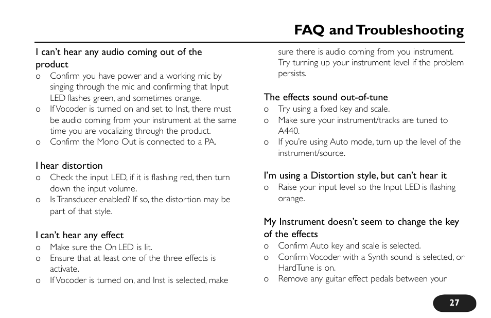 Faq and troubleshooting | TC-Helicon VoiceTone Synth Manual User Manual | Page 27 / 31