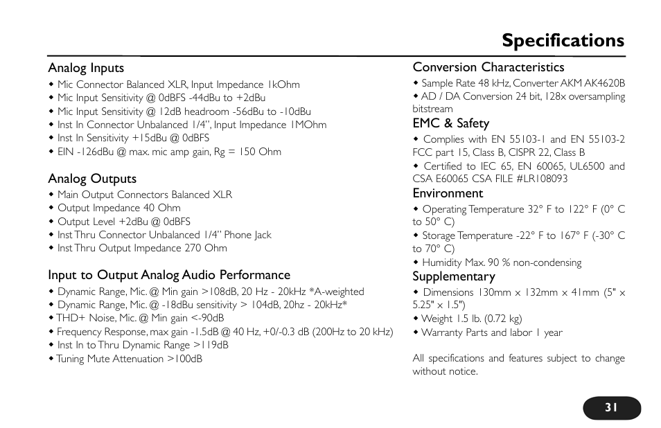 Specifications | TC-Helicon VoiceTone Synth Manual User Manual | Page 31 / 31