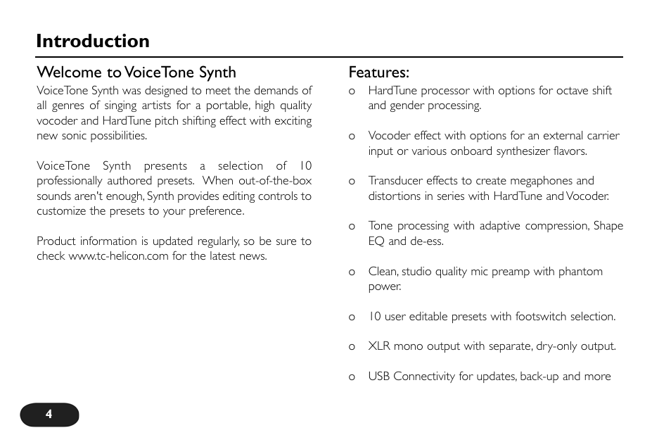 Introduction, Welcome to voicetone synth, Features | TC-Helicon VoiceTone Synth Manual User Manual | Page 4 / 31
