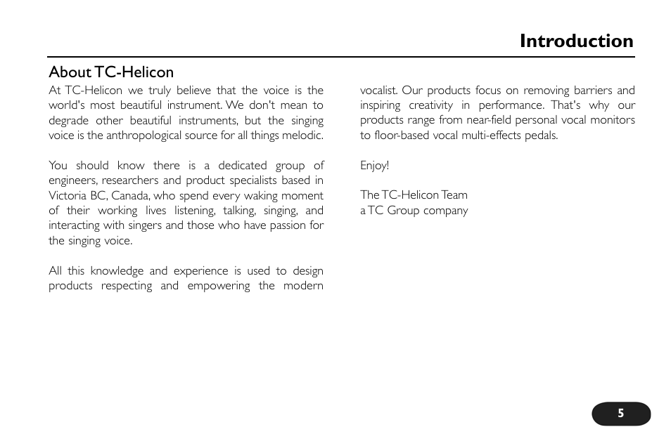 Introduction, About tc-helicon | TC-Helicon VoiceTone Synth Manual User Manual | Page 5 / 31