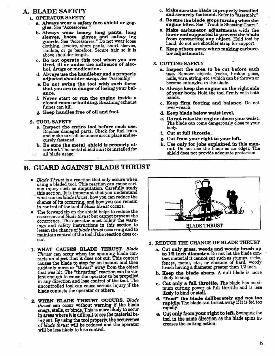 A. blade safety, B. guard against blade thrust | Craftsman 358.798260-32cc User Manual | Page 15 / 61