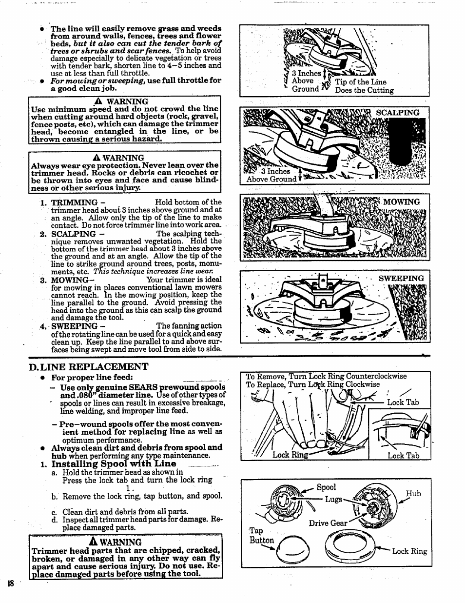 D.line replacement, Installing spool with line | Craftsman 358.798260-32cc User Manual | Page 18 / 61