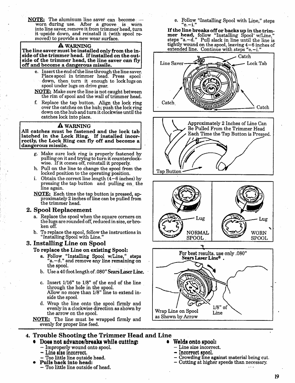 Spool replacement, Installing line on spool, Trouble shooting the trimmer head and line | Line elzo incorrect. - incorrect ipool | Craftsman 358.798260-32cc User Manual | Page 19 / 61