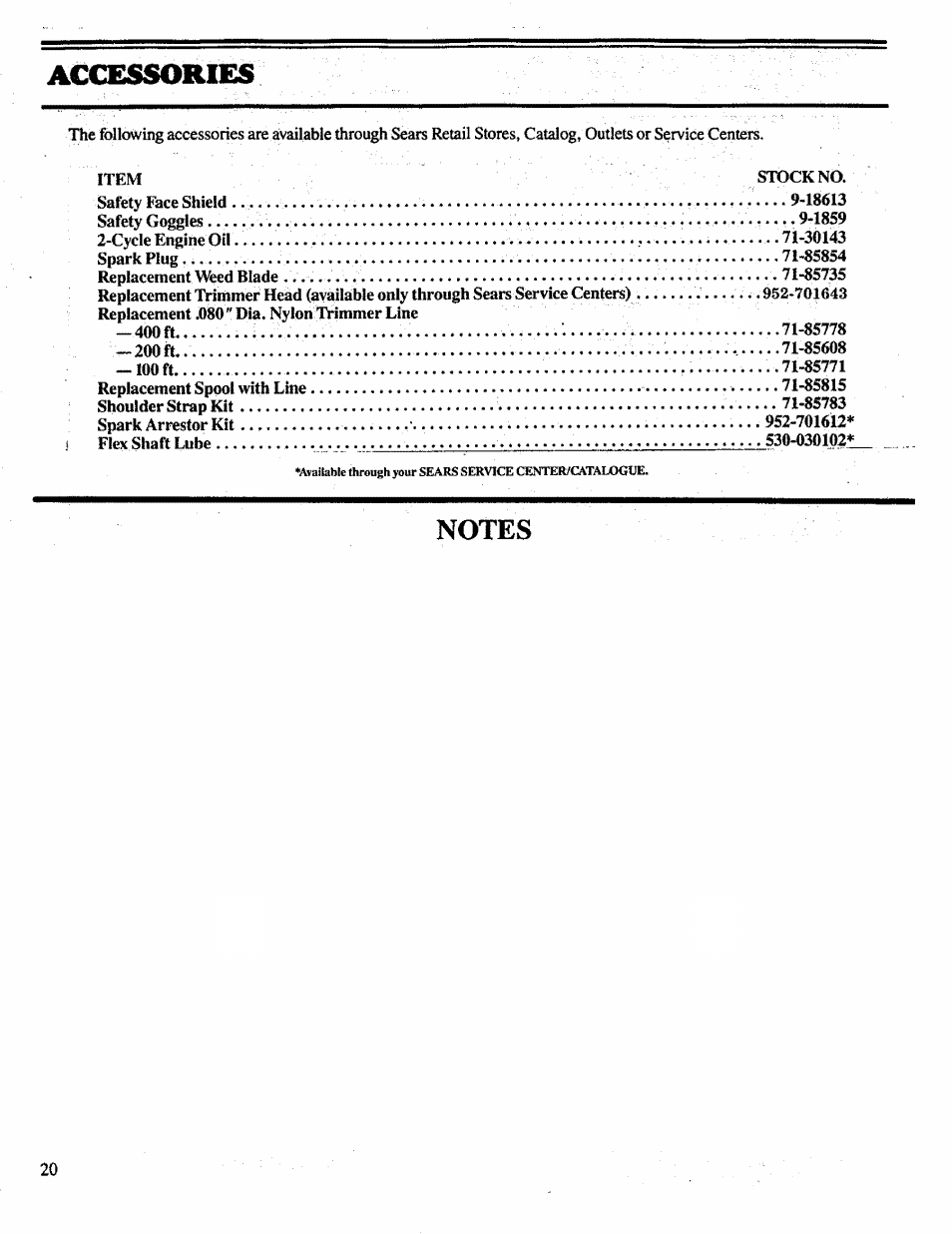Accessories, Notes | Craftsman 358.798260-32cc User Manual | Page 20 / 61