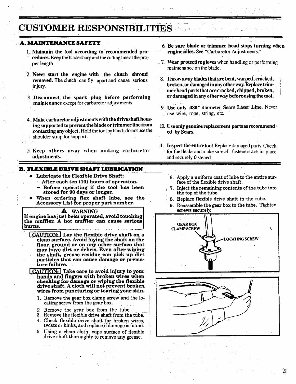 Customer responsibìlities, Customer responsibilities, A. maintenance safety | Flexible drive shaft uibbicaiion | Craftsman 358.798260-32cc User Manual | Page 21 / 61