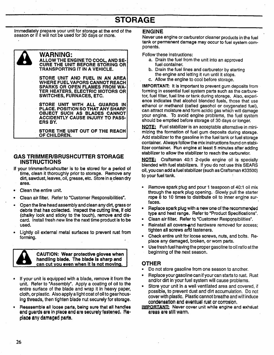 Storage, Warning | Craftsman 358.798260-32cc User Manual | Page 26 / 61