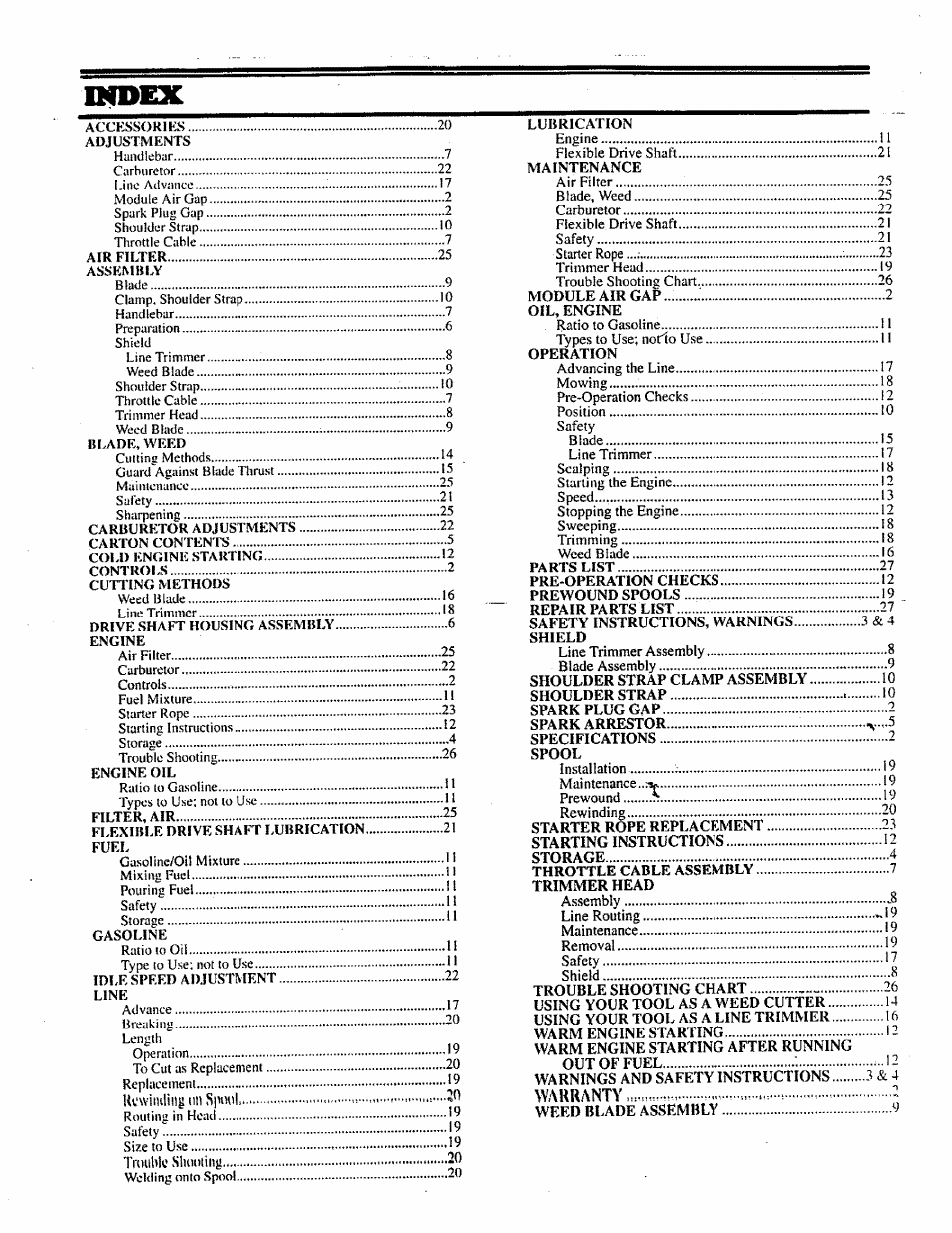 Index, Hdwimling tin spool, Warranty | Craftsman 358.798260-32cc User Manual | Page 28 / 61