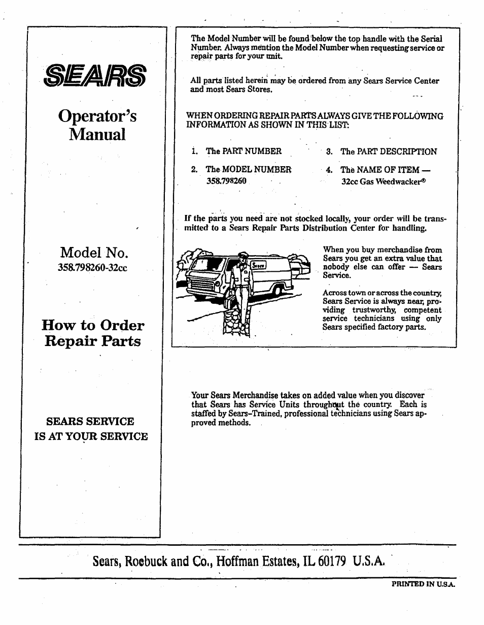 Model no, How to order repair parts, Operator’s manual | Craftsman 358.798260-32cc User Manual | Page 29 / 61