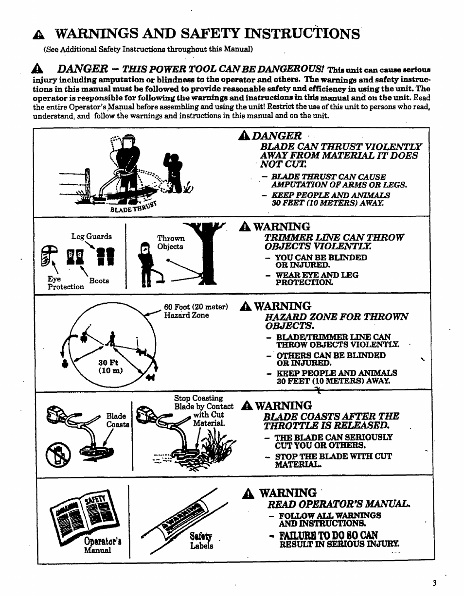 A warnings and safety instructions, A warning, Awarning | Optfitof'i, Failurutodoeocan, Result in serious injury, Warnings ivnd safety instructions, A danger, Read operator's manual, This power tool can be dangerous | Craftsman 358.798260-32cc User Manual | Page 3 / 61