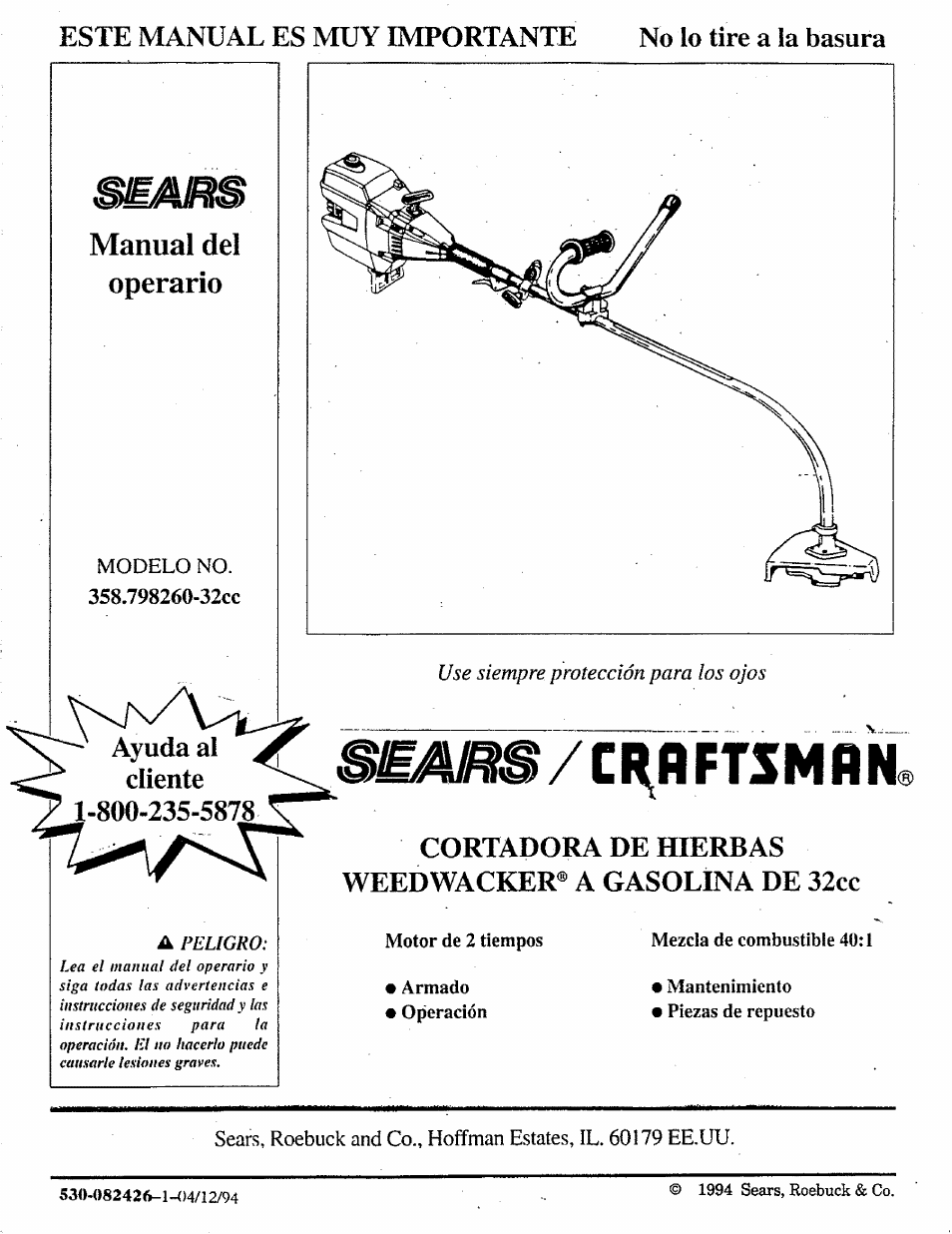 Este manual es muy importante, Sear^/ci^rftsmnn, Manual del operario | Craftsman 358.798260-32cc User Manual | Page 30 / 61