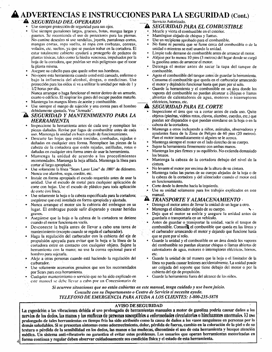 Advertencias e instrucciones para la seguridad, De loü, Seguridad del operario | Seguridad y mantenimiento para la herramienta, Seguridad para el combustible, Seguridad para el corte, Transporte y almacenamiento | Craftsman 358.798260-32cc User Manual | Page 33 / 61