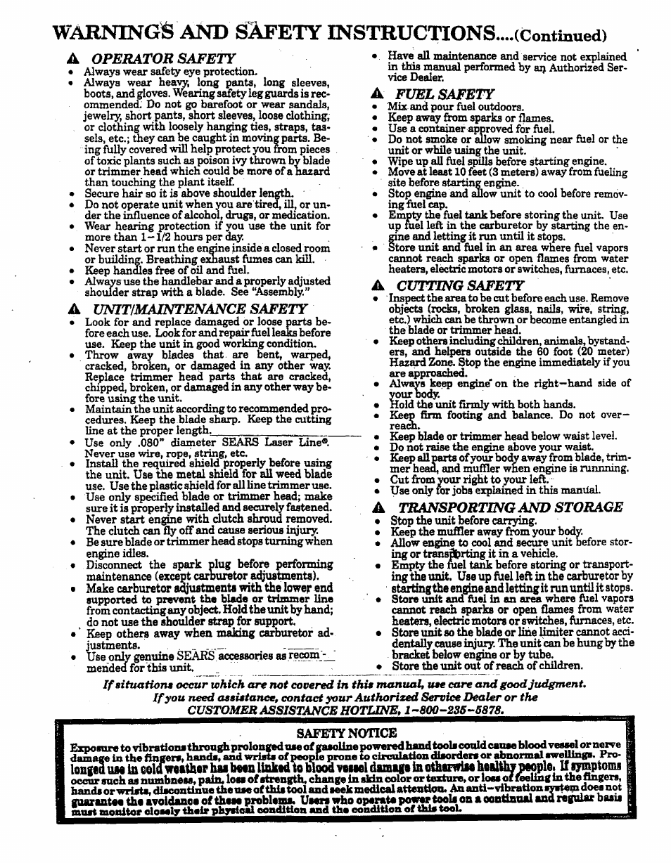 Warnings and safety instructions... .(continued), Safetynoncb, Warnings and safety instructions | Unitimaintenance safety, A fuel safety, A transporting and storage | Craftsman 358.798260-32cc User Manual | Page 4 / 61