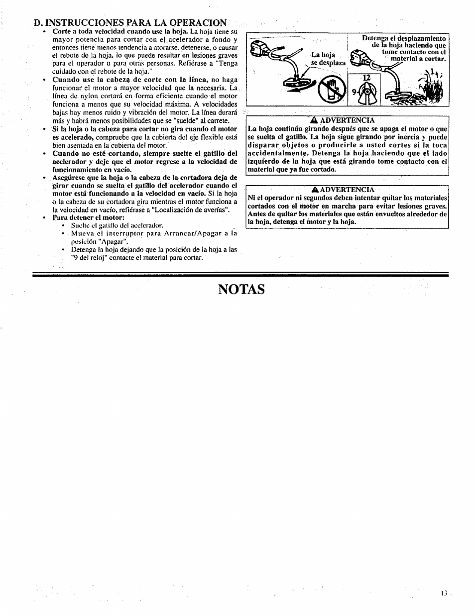 Notas, D. instrüccio№s para la operacion | Craftsman 358.798260-32cc User Manual | Page 42 / 61