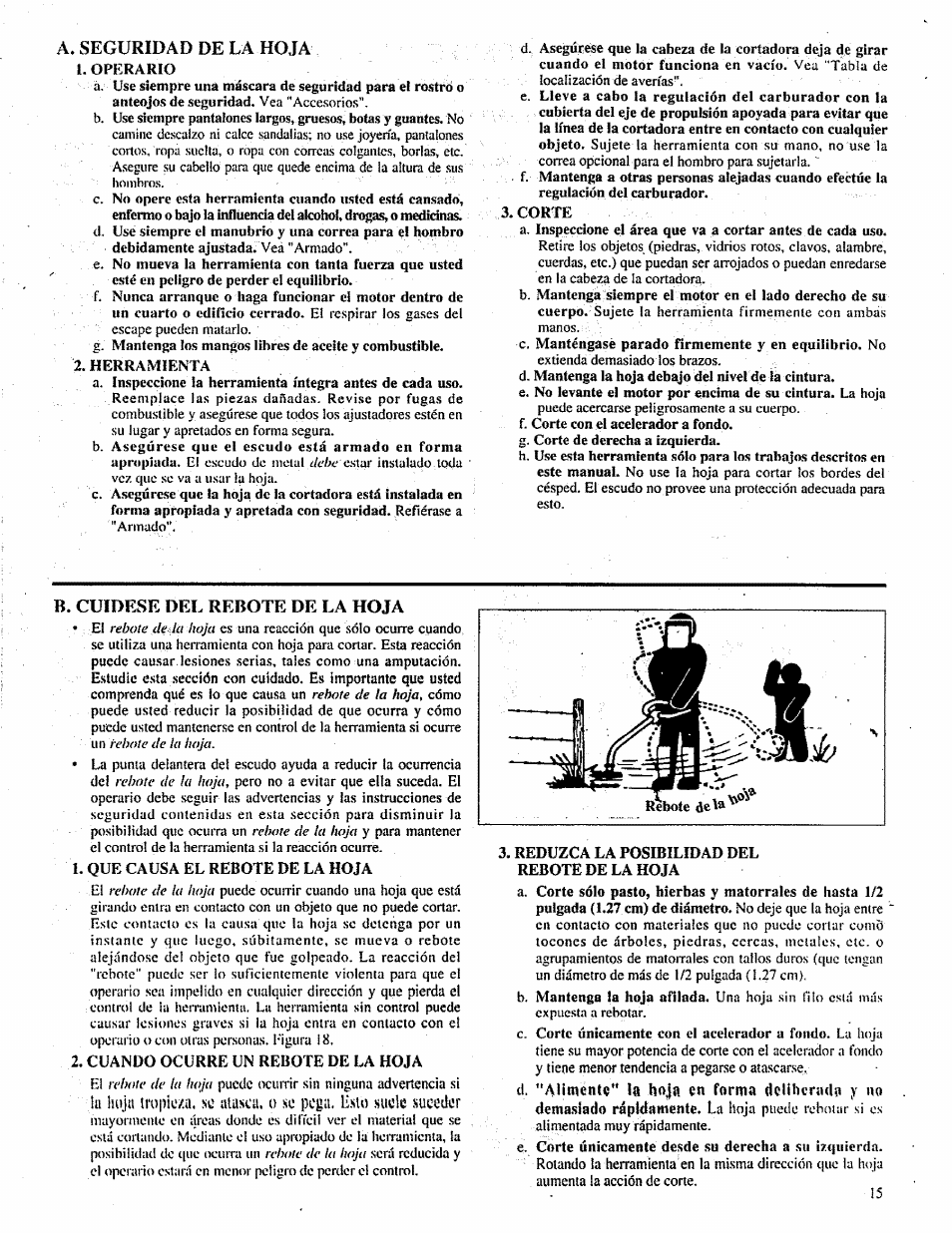 Дг v, A. seguridad de la hoja, B. cuidese del rebote de la hoja | La hoja | Craftsman 358.798260-32cc User Manual | Page 44 / 61