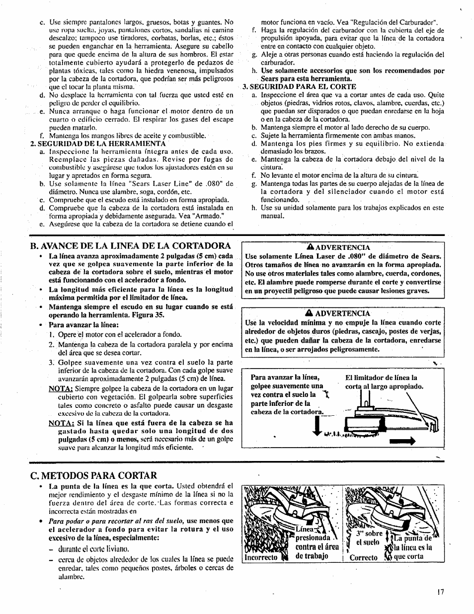 Seguridad de la herramienta, Seguridad para el corte, A advertencia | C. metodos para cortar | Craftsman 358.798260-32cc User Manual | Page 46 / 61