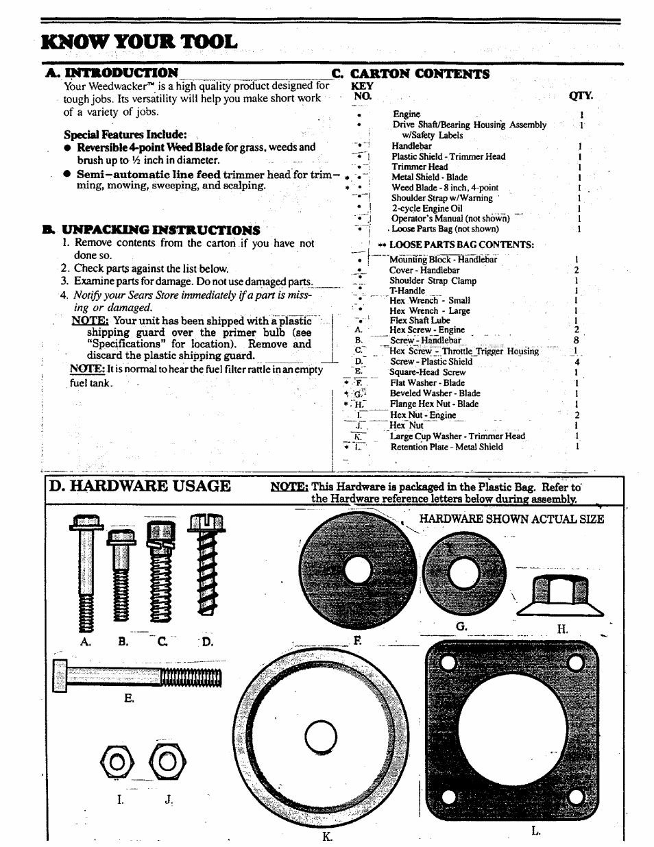 Kmow your tool, Know your tool, A. imtromictlon | Unpagicing instructions, Carton contents | Craftsman 358.798260-32cc User Manual | Page 5 / 61