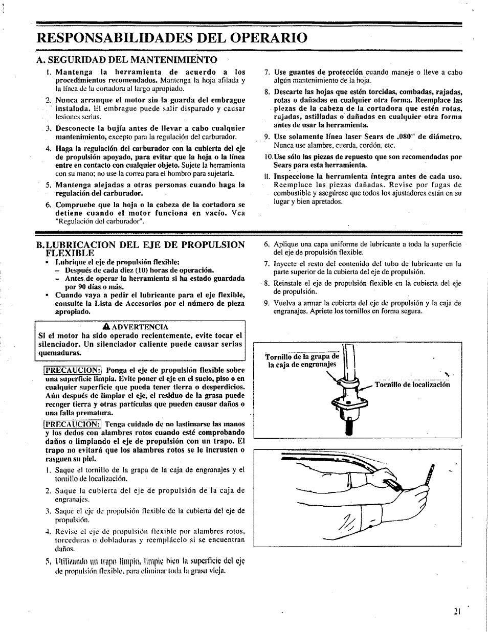 Responsabilidades del operario, A. seguridad del mantenimiento, B.lubricacion del eje de propulsion flexible | Craftsman 358.798260-32cc User Manual | Page 50 / 61