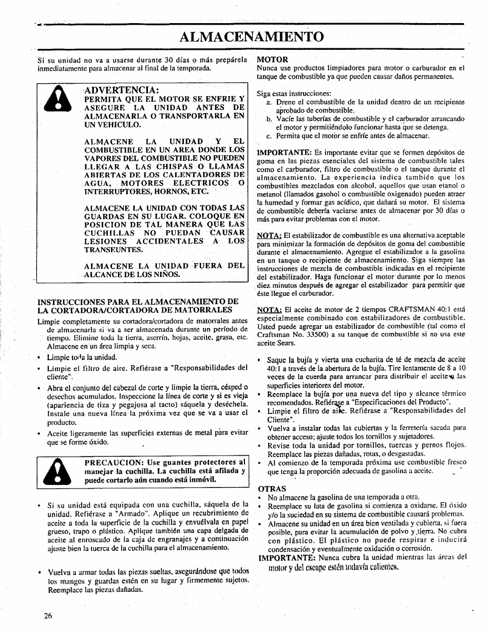 Almacenamiento, Instrucciones para el almacenamiento de, La cortadora/cortadora de matorrales | Motor, Otras | Craftsman 358.798260-32cc User Manual | Page 55 / 61