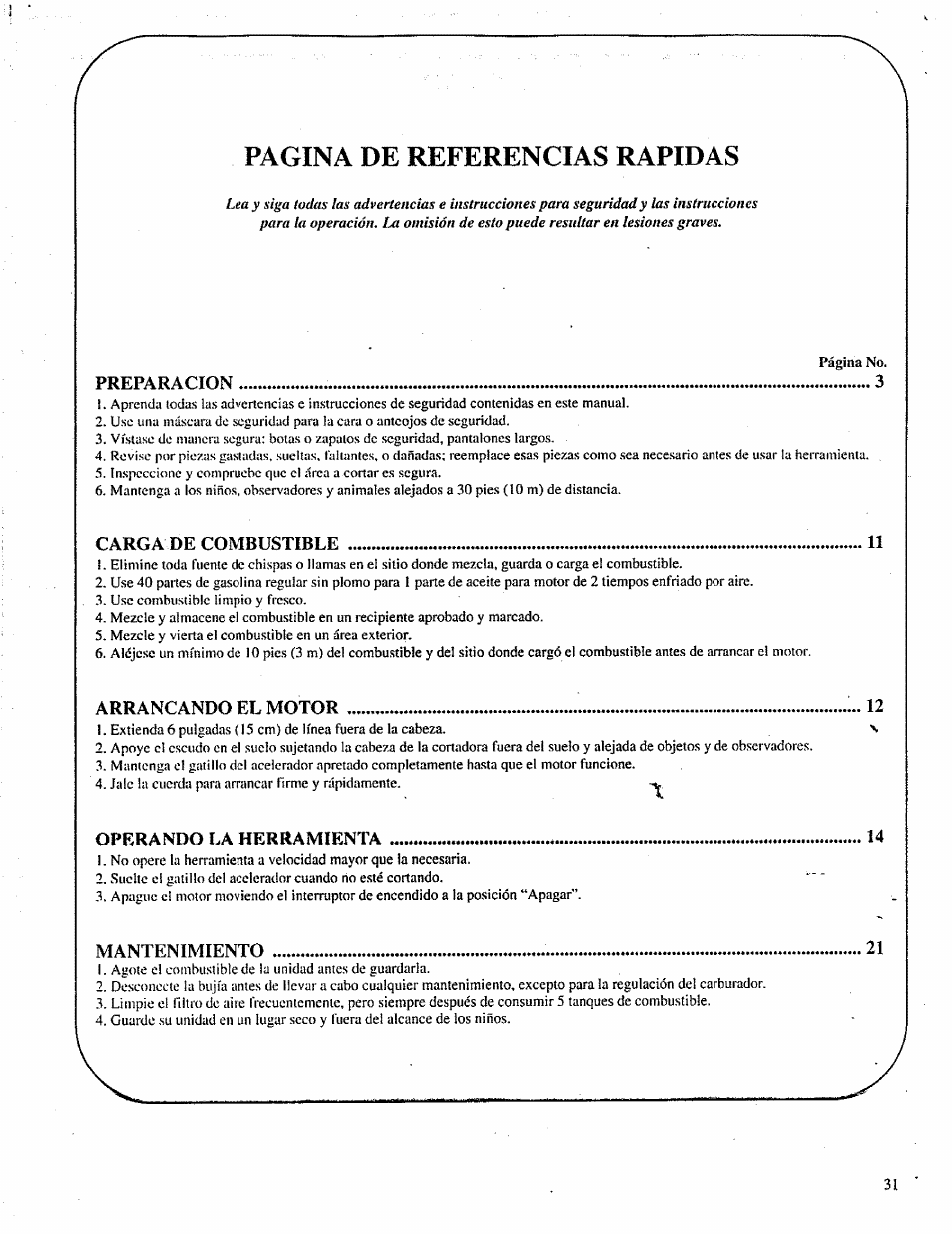 Pagina de referencias rapidas | Craftsman 358.798260-32cc User Manual | Page 60 / 61