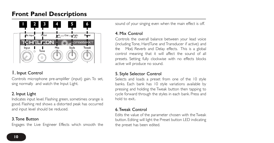 Front panel descriptions | TC-Helicon VoiceTone Create XT Manual User Manual | Page 10 / 34