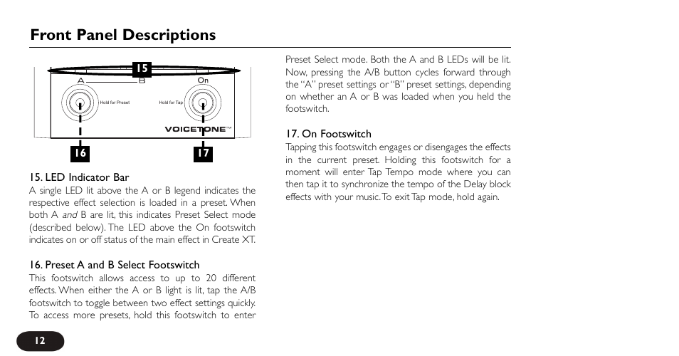 Front panel descriptions | TC-Helicon VoiceTone Create XT Manual User Manual | Page 12 / 34