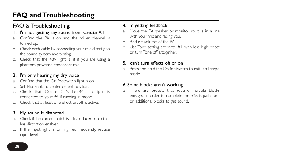 Faq and troubleshooting, Faq & troubleshooting | TC-Helicon VoiceTone Create XT Manual User Manual | Page 28 / 34