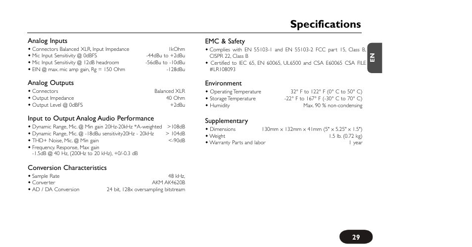 Specifications | TC-Helicon VoiceTone Create XT Manual User Manual | Page 29 / 34