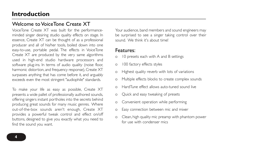 Introduction, Welcome to voicetone create xt, Features | TC-Helicon VoiceTone Create XT Manual User Manual | Page 4 / 34