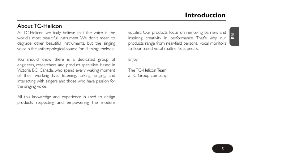 Introduction, About tc-helicon | TC-Helicon VoiceTone Create XT Manual User Manual | Page 5 / 34