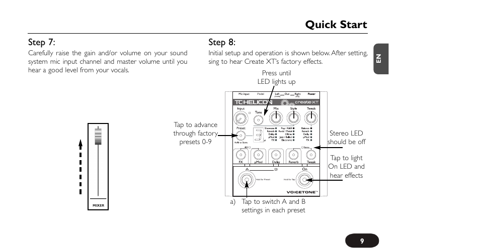 Quick start, Step 7, Step 8 | TC-Helicon VoiceTone Create XT Manual User Manual | Page 9 / 34