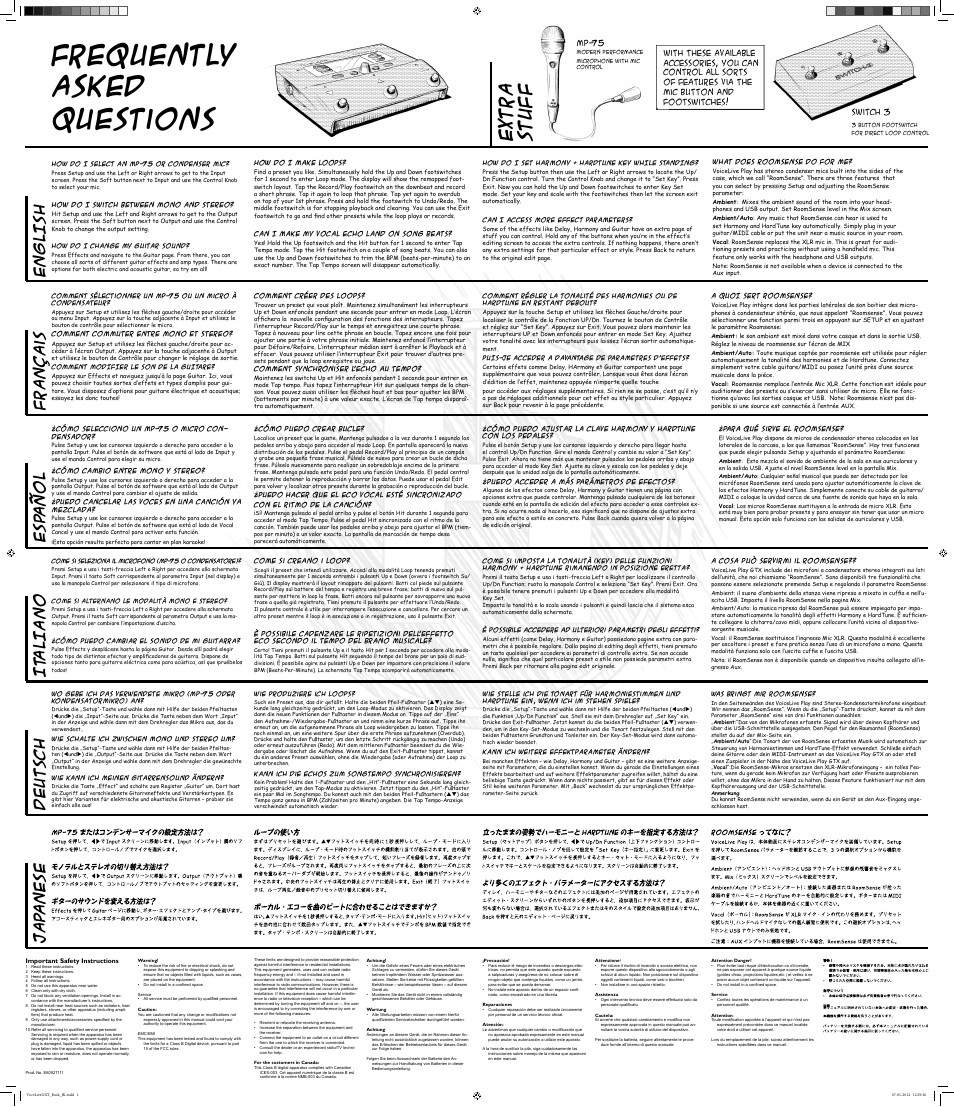 Frequently asked questions, Extra stuf f, English | Français, It aliano, Esp añol, Jap anese, Deutsch | TC-Helicon VoiceLive Play GTX Getting Started Manual User Manual | Page 2 / 2